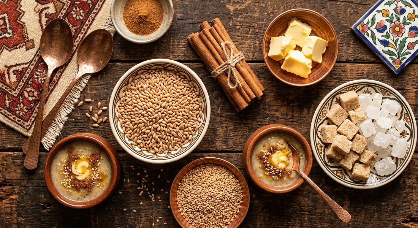 مواد اولیه حلیم سبحان - گندم، دارچین، کنجد و کره